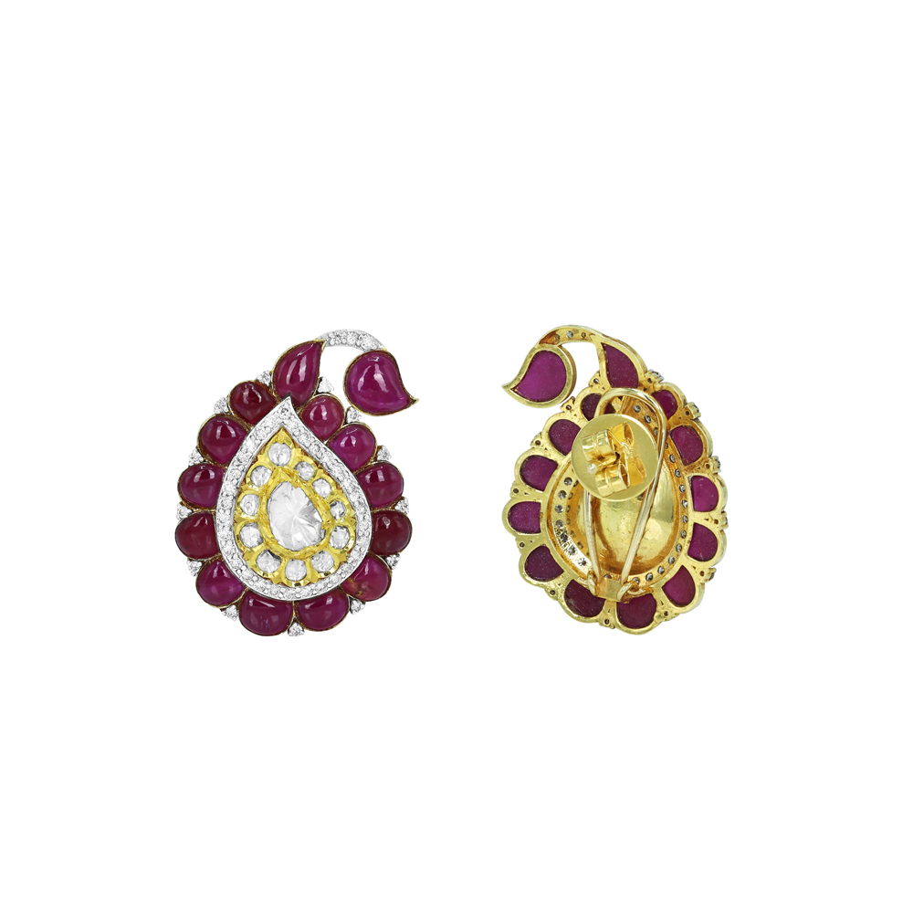 Red colourstone Cabochon Earrings with Polki Diamonds
